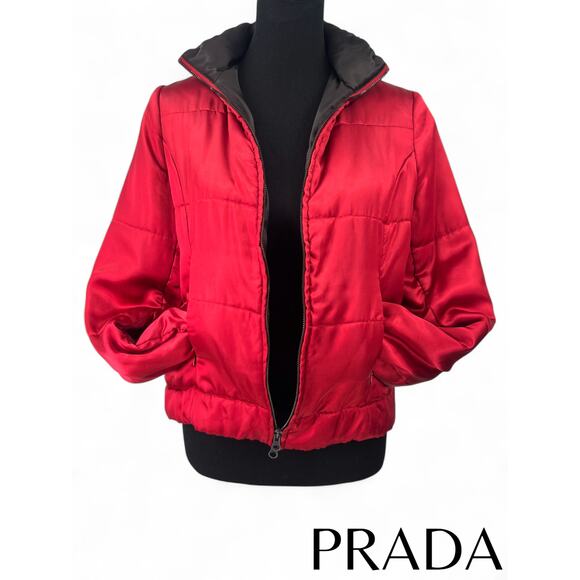 Prada Jackets & Blazers - PRADA Red Line | S | Satin Red Quilted Jacket Puffer Hood Coat Women's Full zip